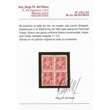 ARGENTINA TIERRA DEL FUEGO 1891 GJ 1 CUADRITO DEL SELLO POPPER CORREO PRIVADO NUEVO MINT DE LUJO CON CERTIFICADO DE AUTENTICIDAD U$ 600 + 100 % 