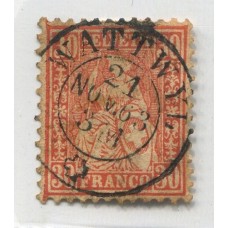 SUIZA 1862 Yv. 38 ESTAMPILLA USADA CON MATASELLO PLENO 32,5 EUROS