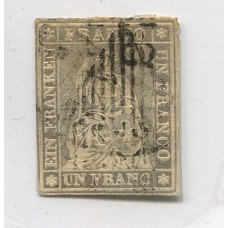 SUIZA 1854 Yv. 31 ( Zu. 27c ) ESTAMPILLA USADA PAPEL MEDIANO FILAMENTO NEGRO ADELGAZADO, ESTUPENDO FRENTE RARO 700 EUROS