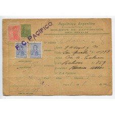 ARGENTINA 1913 ENTERO POSTAL BOLETIN DE EXPEDICION DE $ 0,80 LABRADOR CON FRANQUEO ADICIONAL DE ESTAMPILLAS DEL CENTENARIO DE 1816 MARCA DEL FERROCARRIL AL PACIFICO