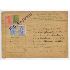 ARGENTINA 1913 ENTERO POSTAL BOLETIN DE EXPEDICION DE $ 0,80 LABRADOR CON FRANQUEO ADICIONAL DE ESTAMPILLAS DEL CENTENARIO DE 1816 MARCA DEL FERROCARRIL AL PACIFICO