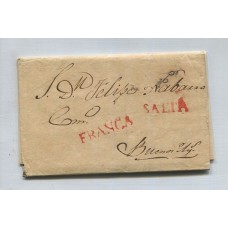 ARGENTINA 1828 PLIEGO COMPLETO PRECURSOR CON MARCA SALTA y FRANCA EN COLOR BERMELLON CARTA CON FECHA 24/5/1828