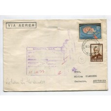 ARGENTINA 1973 ANTARTIDA SOBRE PRIMER VUELO TRANSPOLAR A AUSTRALIA, CON MARCA "DEVOLVER AL REMITENTE" EN CAMBERRA MUY RARO