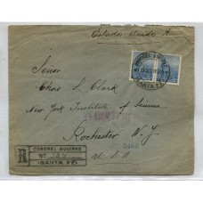 ARGENTINA 1913 SOBRE CIRCULADO A EE.UU. CORREO CERTIFICADO CON MATASELLO CORONEL AGUIRRE SANTA FE, RARO