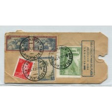 ARGENTINA 1956 TARJETA PARA SACOS DE ENCOMIENDA CON ESTAMPILLAS DE FRANQUEO MIXTO PROCERES Y RIQUEZAS 1 y 2