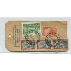 ARGENTINA 1956 TARJETA PARA SACOS DE ENCOMIENDA CON ESTAMPILLAS DE FRANQUEO MIXTO PROCERES Y RIQUEZAS 1 y 2 , MATASELLO MAR DEL PLATA