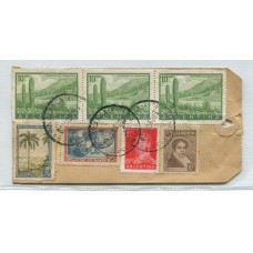 ARGENTINA 1956 TARJETA PARA SACOS DE ENCOMIENDA CON ESTAMPILLAS DE FRANQUEO MIXTO PROCERES Y RIQUEZAS 1 y 2