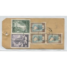 ARGENTINA SERVICIO OFICIAL 1957 TARJETA PARA SACOS DE ENCOMIENDA CON ESTAMPILLAS DE FRANQUEO MIXTO CON Y SIN SOBRECARGA , RARA