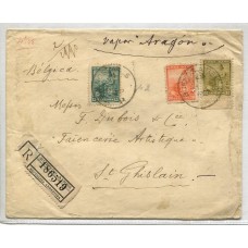 ARGENTINA 1905 SOBRE CERTIFICADO CIRCULADO A BELGICA CON FRANQUEO TRICOLOR DE LIBERTAD, POR VAPOR ARAGON