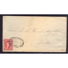 ARGENTINA 1865 GJ 25 RIVADAVIA DE 4ta. TIRADA EN SOBRE COMPLETO , SON RAROS YA QUE SE USABA FRECUENTEMENTE EL PLIEGO Y NO EL SOBRE , CON MATASELLO DE TIPO ROCOCO DE TUCUMAN