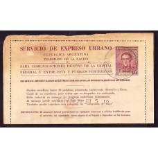 ARGENTINA 1939 ENTERO POSTAL EXPRESO URBANO $ 0.70 DE PROCERES Y RIQUEZAS 1 CON PERFORACION TIPO B CIRCULADO,VK N° 20 RARISIMO