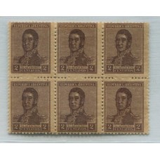 ARGENTINA 1918 GJ 481 PE 230 FILIGRANA WHEATLEY BOND EN TRES SELLOS DENTADO 13 x 12 BLOQUE DE SEIS TODOS MINT