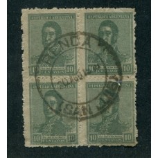 ARGENTINA 1918 GJ 489 FILIGRANA WHEATLEY BOND EN DOS SELLOS, SON MUY RAROS CUADROS USADOS CON FIL. W.D. MATASELLO RENCA SAN LUIS