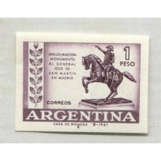 ARGENTINA 1961 GJ 1216 ENSAYO EN COLOR NO ADOPTADO EN PAPEL FILIGRANADO Y CON GOMA, MINT