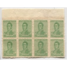 ARGENTINA 1918 GJ 482 FILIGRANA WHEATLEY BOND EN LOS CUATRO SELLOS SUPERIORES DENTADO 13 x 12 BLOQUE DE OCHO NUEVO TODOS MINT