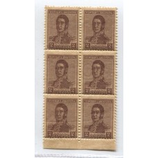 ARGENTINA 1918 GJ 481 PE 230 FILIGRANA WHEATLEY BOND EN TRES SELLOS DENTADO 13 x 12 BLOQUE DE SEIS VERTICAL TODOS MINT