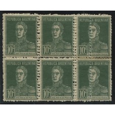 ARGENTINA 1923 GJ 569 SAN MARTIN BLOQUE DE SEIS ESTAMPILLAS NUEVAS MINT CON VARIEDAD DOBLE DENTADO