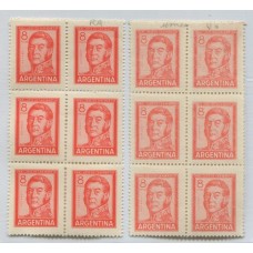 ARGENTINA 1965 GJ 1306Aa PAPEL MATE DURO 2 BLOQUES DE 6 ESTAMPILLAS NUEVAS MINT CON COLOR DIFERENTE U$ 180