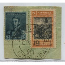 ARGENTINA 1899 GJ 236 FRAGMENTO CON ESTAMPILLA DE LIBERTAD EN FRANQUEO MIXTO CON SELLO DE TRES PROCERES RARISIMA COMBINACION CON EXACTO VALOR FACIAL MATASELLO 1901 ABONADOS CORDOBA