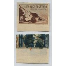 ARGENTINA 1939 GJ 838 FONOPOSTAL ESTAMPILLA ENSAYO EN COLOR ADOPTADO EN PAPEL MUESTRA CON PRUEBA DE IMPRESIÓN AL DORSO DE LOS SELLOS GJ 836 y 852, MUY RARO
