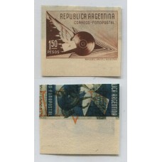 ARGENTINA 1939 GJ 838 FONOPOSTAL ESTAMPILLA ENSAYO EN COLOR ADOPTADO EN PAPEL MUESTRA CON PRUEBA DE IMPRESIÓN AL DORSO DE LOS SELLOS GJ 836 y 852, MUY RARO