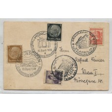 ALEMANIA 1938 TARJETA POSTAL CON ESTAMPILLAS ALEMANAS Y AUSTRIACAS CON DIFERENTES MATASELLOS ESPECIALES