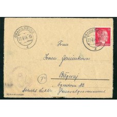 ALEMANIA 1944 CARTA POSTAL CIRCULADA DESDE EL CAMPO DE EXTERMINIO DE ORANIENBURG A LUBLIN POLONIA OCUPADA CON TEXTO COMPLETO Y MARCA DE CENSURA