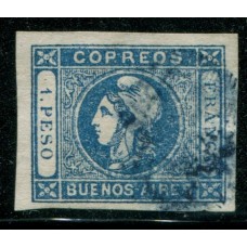 ARGENTINA 1859 GJ 17 PE 13 ESTAMPILLA DE AMPLIOS MARGENES CON MATASELLO PONCHITO EN COLOR AZUL, ADEMAS TIENE VARIEDAD "COPREOS"