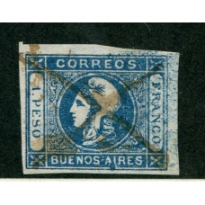 ARGENTINA 1859 GJ 17 ESTAMPILLA CON NOTABLE VARIEDAD MANCHA SOBRE LA "A" DE BUENOS AIRES, ADEMAS PARECE TENER UNA DOBLE IMPRESIÓN PARCIAL HERMOSO EJEMPLAR