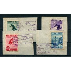 AUSTRIA 1936 SERIE COMPLETA YVERT 477/80  USADA MUY  RARA CON MATASELLOS ESPECIALES SOBRE FRAGMENTOS FIS SKY DEPORTES  160 EUROS