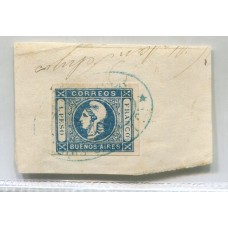 ARGENTINA 1859 GJ 14 PE 10 ESTAMPILLA SOBRE FRAGMENTO CON MATASELLO DE MENSAJERIA INICIADORES LUIS SAUCE Y Cia. , RARA Y DE LUJO $$$