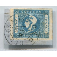 ARGENTINA 1859 GJ 17b CABECITAS CON DOBLE IMPRESIÓN PARCIAL ESTAMPILLA ORIGINAL EN FRAGMENTO HERMOSA, DE LUJO