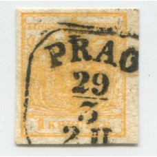 AUSTRIA 1850 YVERT 1 MAGNIFICO EJEMPLAR DE LUJO DE COLOR AMARILLO ANARANJADO CON MATASELLO PRAGA CHECOSLOVAKIA +135 EUROS