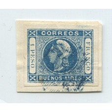 ARGENTINA 1859 GJ 17 ESTAMPILLA USADA DE GRAN CALIDAD CON MATASELLO PONCHITO AZUL DE SAN NICOLAS SOBRE FRAGMENTO