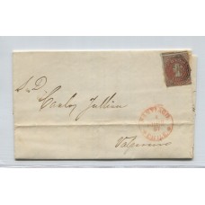 CHILE 1857 PLIEGO COMPLETO ESTAMPILLA COLON DE 5 Cts. EN CARTA CIRCULADA DE SANTIAGO A VALPARAISO