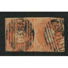 CHILE 1856 Yv. 5b ESTAMPILLA COLON IMPRESIÓN DE SANTIAGO COLOR SALMON PAREJA HORIZONTAL USADA +320 EUROS