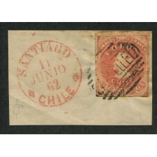 CHILE 1856 Yv. 5 ESTAMPILLA COLON IMPRESIÓN DE SANTIAGO SOBRE FRAGMENTO CON MATASELLO FECHADOR