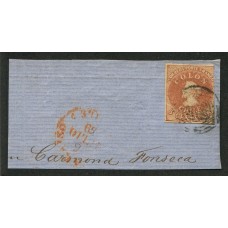 CHILE 1856 Yv. 5a ESTAMPILLA COLON IMPRESIÓN DE SANTIAGO COLOR CANELA SOBRE FRAGMENTO