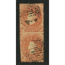 CHILE 1856 Yv. 5b ESTAMPILLA COLON IMPRESIÓN DE SANTIAGO COLOR SALMON PAREJA VERTICAL USADA +320 EUROS