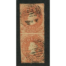 CHILE 1856 Yv. 5b ESTAMPILLA COLON IMPRESIÓN DE SANTIAGO COLOR SALMON PAREJA VERTICAL USADA +320 EUROS