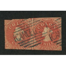 CHILE 1856 Yv. 5 ESTAMPILLA COLON IMPRESIÓN DE SANTIAGO PAREJA CON MATASELLO AZUL, COLOR BERMELLON EN CATALOGO CHILENO ES LA NUMERO 9G