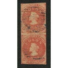 CHILE 1856 Yv. 5d ESTAMPILLA COLON IMPRESIÓN DE SANTIAGO COLOR SALMON BONITA PAREJA VERTICAL USADA CON MATASELLO AZUL +55 EUROS