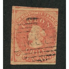 CHILE 1856 Yv. 5d ESTAMPILLA COLON IMPRESIÓN DE SANTIAGO COLOR SALMON USADA 27,5 EUROS