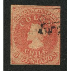 CHILE 1856 Yv. 5d ESTAMPILLA COLON IMPRESIÓN DE SANTIAGO COLOR SALMON USADA 27,5 EUROS