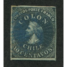 CHILE 1861 Yv. 09a ESTAMPILLA COLON ULTIMA DE LONDRES SOBRE PAPEL AZULADO, ES DE COLOR AZUL NEGRUZCO EL SELLO TIENE UN PEQUEÑO DEFECTO PERO ASI Y TODO UN ESTUPENDO ASPECTO