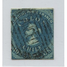 CHILE 1856 Yv. 6 ESTAMPILLA COLON COLOR AZUL VERDOSO EN CATALOGO CHILENO ES LA NUMERO 11