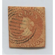 CHILE 1854 Yv. 1B ESTAMPILLA COLON DESMADRYL FILIGRANA Nº 3 USADA 80 EUROS