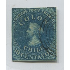 CHILE 1856 Yv. 6 ESTAMPILLA COLON COLOR AZUL VERDOSO EN CATALOGO CHILENO ES LA NUMERO 11