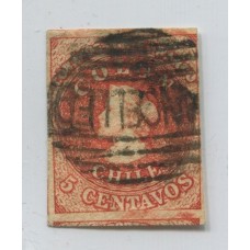 CHILE 1856 Yv. 5c ESTAMPILLA COLON IMPRESIÓN DE SANTIAGO COLOR CARMIN EN CATALOGO CHILENO ES LA NUMERO 9D