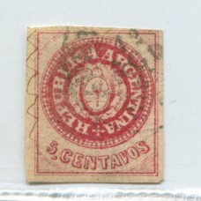 ARGENTINA 1862 GJ 12 ESCUDITO SEMIGASTADA ESTAMPILLA CON TRAZO DE PLUMA Y MATASELLO BUENOS AIRES